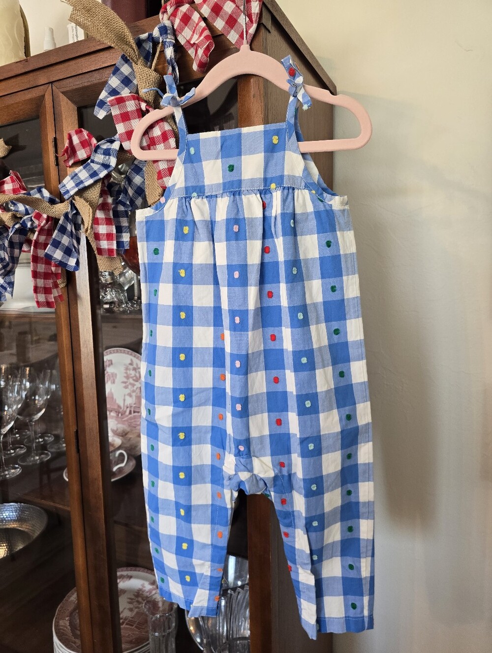 Hanna Andersson Blue and White Gingham Romper with Multicolor Embroidery